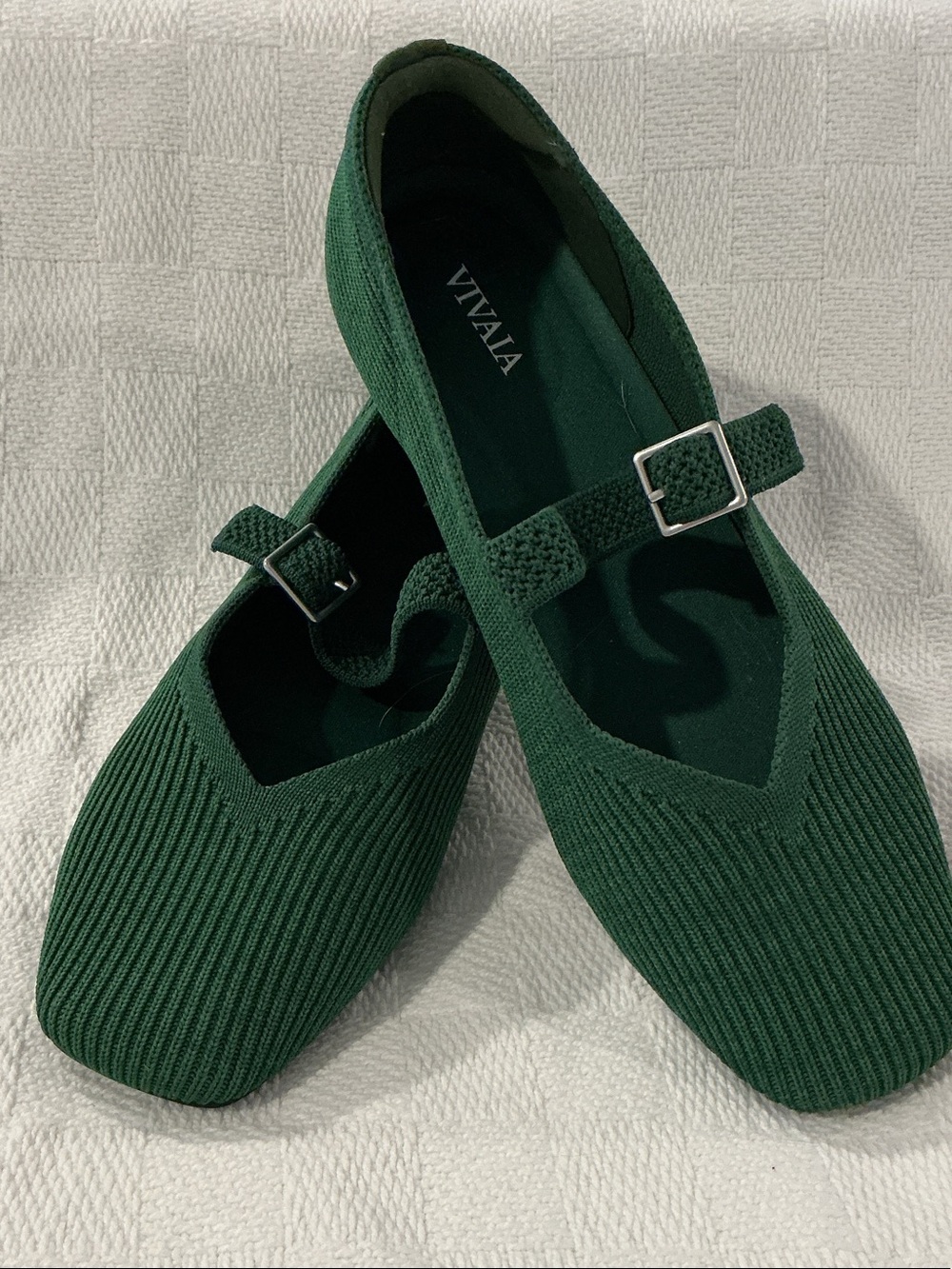 Vivaia Forest Green Knit Mary Jane Flats with Buckle